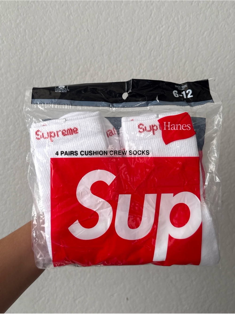 Hanes White Crew Cushion Socks with Red Logo - 4 Pack